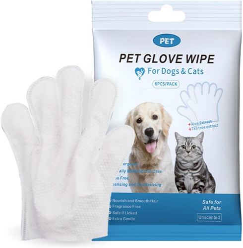 Pet Grooming Wipes and Gloves Set, 6 Count, for Fur, Face, Ears and Paws, No Rinse Cleaning...