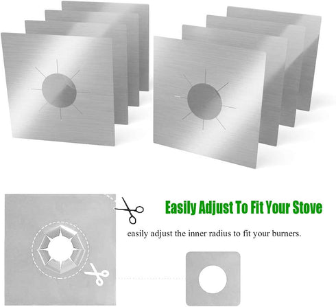 Stove Burner Covers,0.3 MM Double Thickness,8 Pack,Gas Stove Burner Liners,Non-stick Reusable Gas Range Stove Top Covers for Kitchen,Cuttable,Easy to Clean,Silver,Size 10.6” x 10.6”