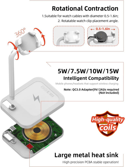 2 in 1 Wireless Charger Stand for Samsung/Apple/Google Charging Dock, for Huawei GT/Samsung Galaxy/Pixel/Garmin/Diesel/Fossil/Fitbit/Skagen/Michae...