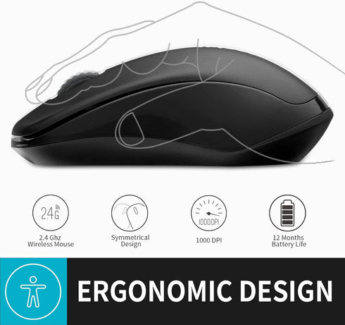 Rapoo 1680 Silent Wireless Mouse, 2.4GHz Cordless Mouse with USB Receiver, 1K DPI, 3 Buttons Computer Mouse with 12M Battery Life, Ambidextrous Co...