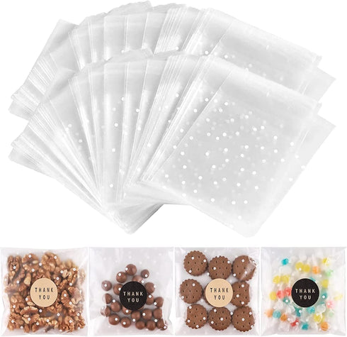 200PACK Self Adhesive Cookie Bags Cellophane Treat Bags Thank You for Gift Giving Candy with Stickers(White Polka Dot, 5.5x5.5 INCH)...