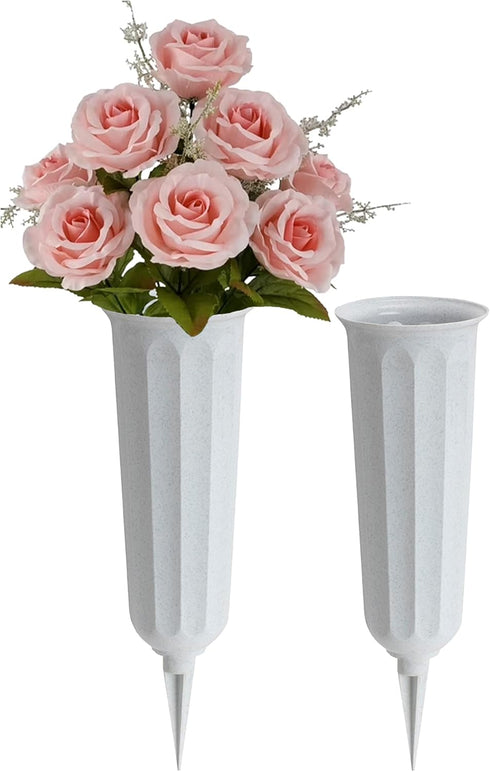 2 Pack Plastic Cemetery Vase with Ground Spike – 9.75" x 3" Outdoor Grave Flower Holder – Granite Memorial Floral Container...