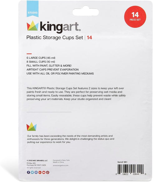 KINGART Clear Multi-Purpose Plastic Storage Cups with Removable Lid for Paiint, Art and Crafts Supplies, Set of 14 in 2 sizes...