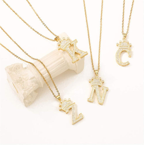 A-Z Crown Initial Necklace for Men Women 14K Gold Plated Iced Out Monogram Pendant with 18" Chain+2"(Extended) DIY Name Jewelry...