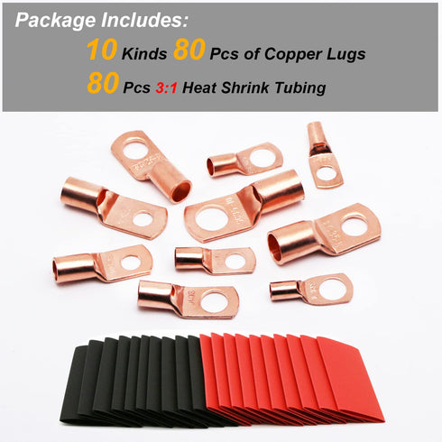 TKDMR 160Pcs Copper Wire Lugs AWG2 4 6 8 10 12 with Heat Shrink Set, 80Pcs Battery Cable Ends Ring Terminals Connectors Tubing Assortment Kit...