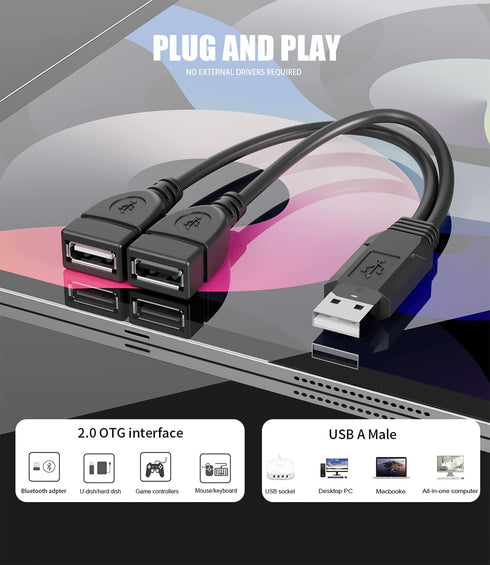 USB Cable, 2-Port USB 2.0 Male to Female Splitter, High-Speed Charging & Data Transfer for Laptop, Car, Mac, TV, PC, Xbox, HDD...
