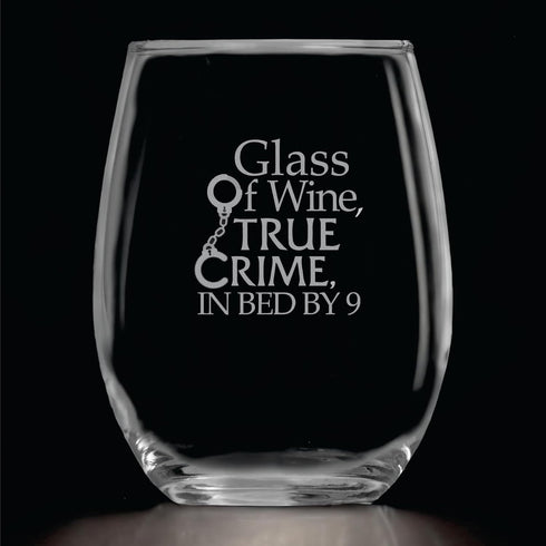 Glass of Wine, True Crime, In Bed by 9 (15 oz) Funny Birthday Wine Lover Glass Gift - Detective Theme, Unsolved Mysteries Fan, Halloween Wine Glas...