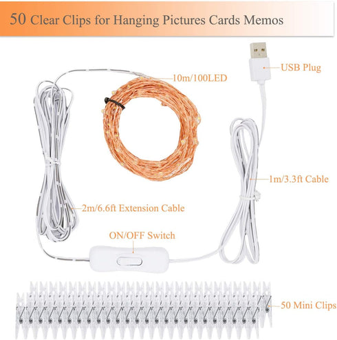 Decute 100 LED 50 Photo Clips String Lights Holder 33FT Starry Fairy Lights for Hanging Pictures Cards Memos USB Powered with Switch Perfect for B...
