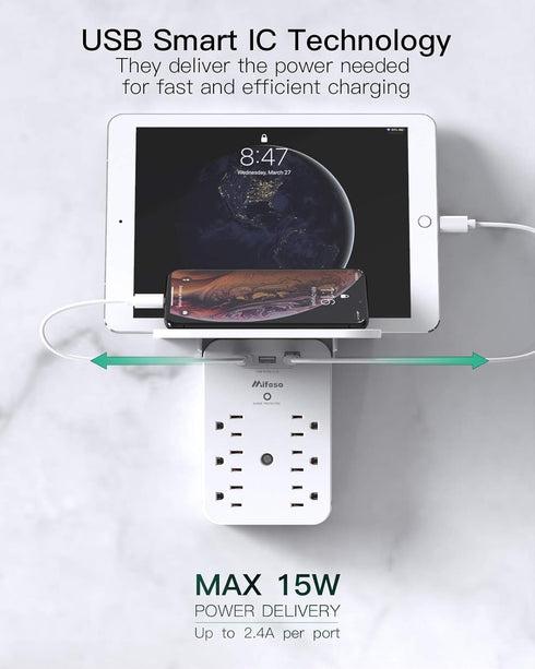 Wall Outlet Extender with Surge Protector, 6 AC Outlets, Shelf, 2 USB & USB C Charging Ports - Home & Dorm Plug Expander...