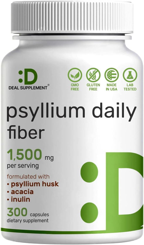 Psyllium Husk 1500mg Per Serving, 300 Capsules – 3 in 1 Fiber with Inulin & Acacia Complex – Natural Soluble Fiber Supplement, Supports Digestive ...