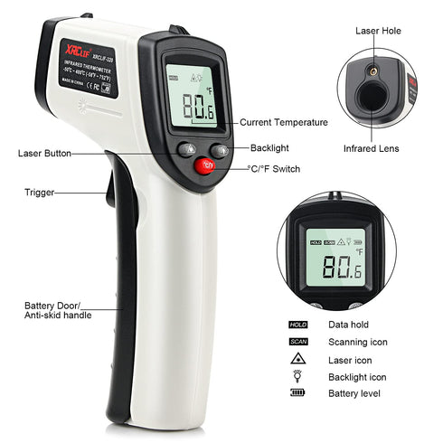 Non-Contact Digital Laser Infrared Thermometer, -58?~ 752? (-50? ~ 400?) Handheld IR Temperature Gun with Adjustable Emissivity for Kitchen Cookin...
