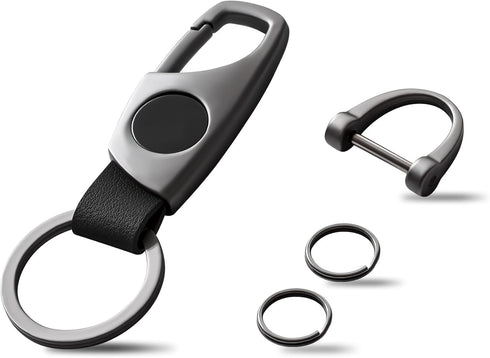 Carabiner Keychain, Key Chains for Car Key with 2 Key Rings and Anti-Lost D-Ring, Multifunctional Leather Keychains for Men and Women – Grey(Black...