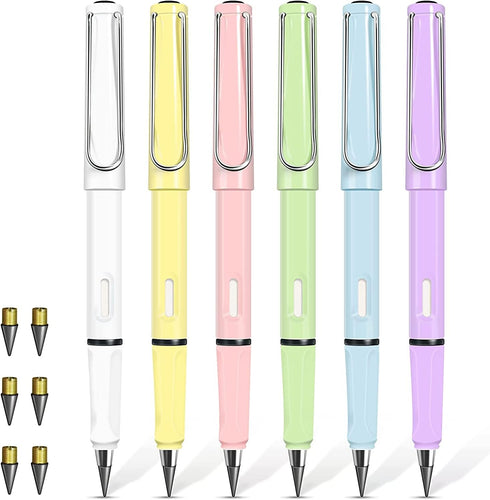 6Pcs Everlasting Pencil, Inkless Pencil Eternal with Replacement Nibs, Pen Unlimited Writing Reusable Erasable for Student Artist Drawing, Kids Gi...