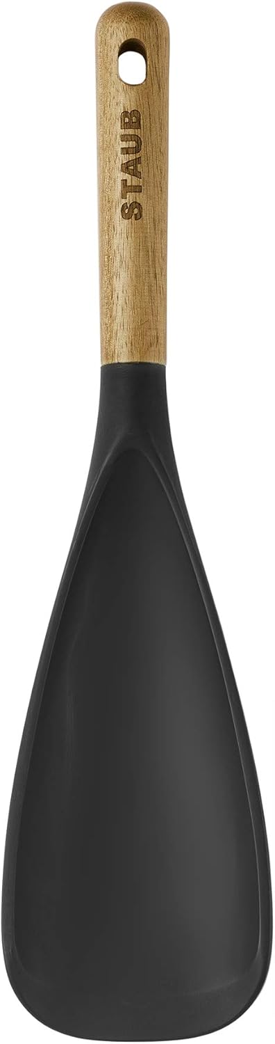 STAUB Multifunction Spatula Spoon, Great for Both Cooking and Serving Durable BPA-Free Matte Black Silicone, Acacia Wood Handles, Safe for Nonstic...