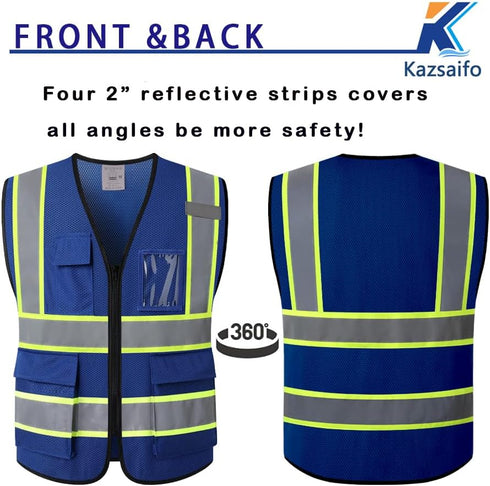 Reflective Safety Vest for Men Women with 5 Pockets and Zipper Front High Visibility Mesh Vest Hi Vis Construction Work Vest,Meets ANSI/ISEA Stand...