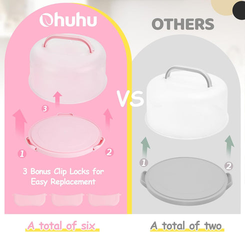 Ohuhu Cake Carrier, BPA-Free Cake Holder Storage Container Cupcake Carrier Keeper - Cake Stand with Lid 2 Handles Portable Round Two Sided Base fo...