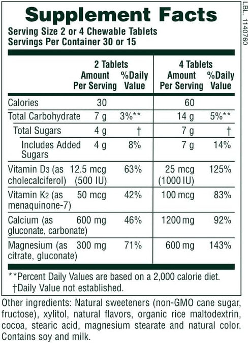 NaturesPlus Cal/Mag/VIT D3 with Vitamin K2-60 Chewable Tablets - Chocolate Flavor - Calcium, Magnesium, Vitamin D3 & K2 Bone Health Support Supple...