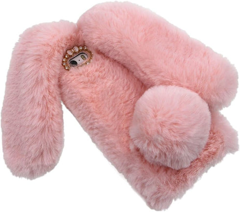 for Samsung Galaxy Note 8 Case, Rabbit Fur Ball Case,Luxury Cute 3D Homemade Diamond Winter Warm Soft Furry Fluffy Fuzzy Bunny Ear Plush Pink Phon...