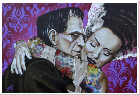 Undying Love by Mike Bell Bride of Frankenstein Monster Lovers Art Print Semi-Gloss Paper, Monster Art, Horror Art, Proudly Made in the USA, 18x12...