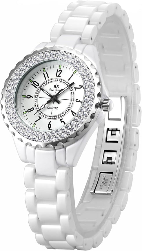 Gosasa Womens Luxury Wrist Watch Fashion Rhinestone White Ceramic Watch Casual Lady Nice Dress Watches (Black)...