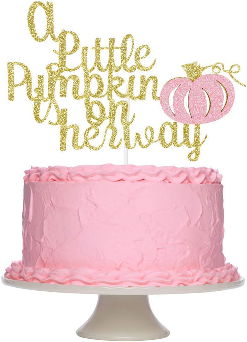 A Little Pumpkin is On Her Way Cake Topper - Pink Glitter Baby Shower Decoration for Girl Fall Theme Party...