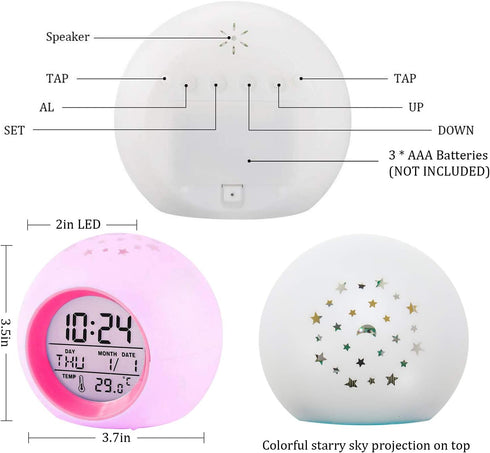 Tarklanda Kids Alarm Clock,Moon Stars Projector Alarm Clock,7 Color Changing Night Light,Snooze Touch Control Temperature for Kids’ Bedroom, Digit...