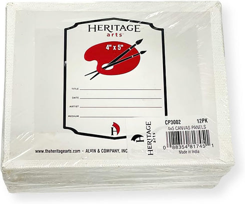 CP3002 Pack of 12 Primed Canvas Boards, 4" x 5"; Mounted to MDF Board; Pure Cotton Artist Canvas Primed with an Acrylic Plaster; Small Tooth Surfa...