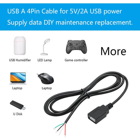 4Pcs USB A Female 4Pin Bare Wire 1M/3FT, 5V/2A USB 4 Pin Pigtail Open End Power Data Cable, Tail Tinning, for USB Equipment Installed or Replaceme...