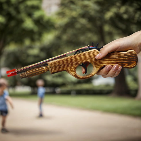 Wood Rubber Band Gun with Orange Safety Tip Wooden Toy Easy Load Outdoor Toy Gun with 100 Rubber Bands 12 Inches Length...