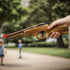 Wood Rubber Band Gun with Orange Safety Tip Wooden Toy Easy Load Outdoor Toy Gun with 100 Rubber Bands 12 Inches Length...