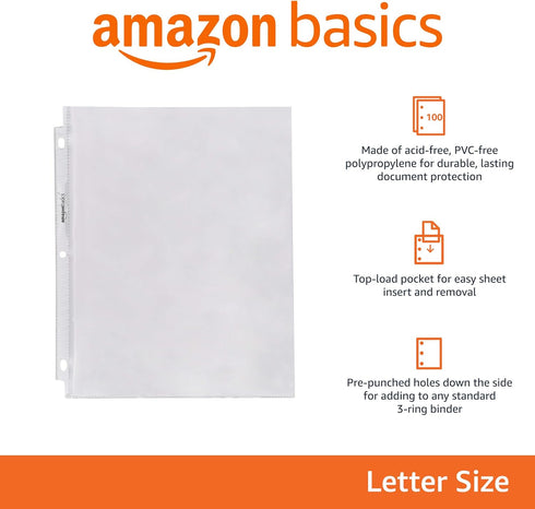Amazon Basics Clear Sheet Protectors for 3 Ring Binder, 8.5 x 11 Inch,Polypropylene, 100-Pack...