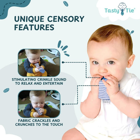 Tasty Tie Teething Tie, 3-in-1 Clip-on Baby Tie Crinkle Toy & Silicone Teether for 3-6-9-12-18 Month Babies | GOTS Certified Organic Cotton | Uniq...