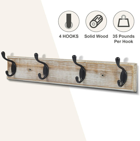 Coat Rack Wall Mounted, Entryway Wall Coat Rack with 4 Rustic Coat Hooks, 17” Vintage Pinewood Hanger Hat, Dual Hook for Hanging Keys Hats, Perfec...