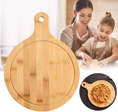 Bamboo Cutting Board,Meat Chopping Boards,Pizza Peel Paddle with Handle for Homemade Baking Pizza Bread Cake Fruit Vegetables (Round-Board)...