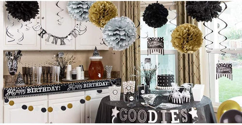 Black and Gold Party Decorations - DIY Tissue Paper Pom Poms Flowers, Tassel, Balloons, Hanging Swirl, Paper Circle Garland for Graduation and Ret...