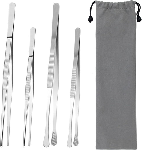 4 Pcs Kitchen Fine Tweezer Tongs, AHIER 12” and 10” Stainless Steel Food Tweezers Set, Long Food Chef Tweezers Cooking Tweezers for Surgical, Cook...