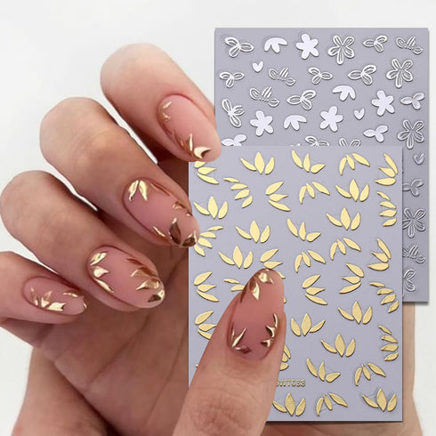 8 Sheets Bronzing Flower Leaf Nail Stickers 3D Self-Adhesive Flowers Nail Art Stickers Gold Silver Rose Gold Floral Leaves Nail Decals Summer Nail...