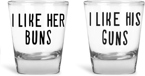 AW Fashions - I Like Her Buns, I Like His Guns - Wedding Gift For Newlyweds Couples - Funny Engagement Or Anniversary Present - 2 Pack Round Set o...