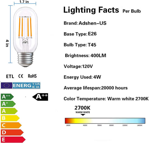 LED Tubular Bulb 4W,E26 Clear Edison Bulb,40W Equivalent 400 Lumens, Antique Edison Style LED Filament Light Bulbs,2700K Warm White Non Dimmable P...