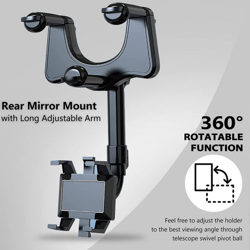 PKYAA Rearview Mirror Phone Holder for Car, 360° Rotating Rear View Mount with Adjustable Arm Length, Multifunctional and GPS Universal Car All Sm...