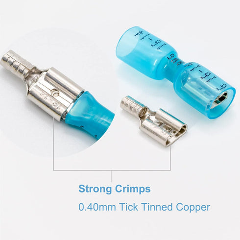 200 pcs (100 Pair) Male Female Spade Connectors F2 6.3mm 1/4'' 16-14 AWG Blue, Heat-Shrink Insulated Quick-Disconnect Electrical Crimp Terminals...