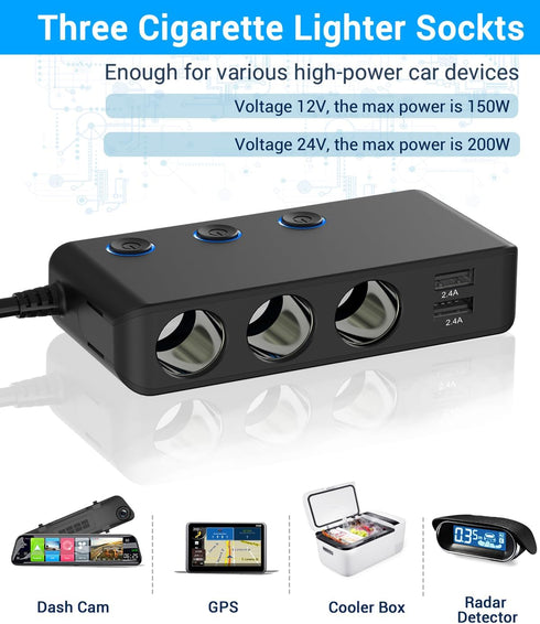Car Charger Splitter 200W, Qidoe 3 Socket Cigarette Lighter Adapter with PD30W USB-C & QC3.0 Multi USB Car Charger DC Outlet Cigarette Splitter Po...