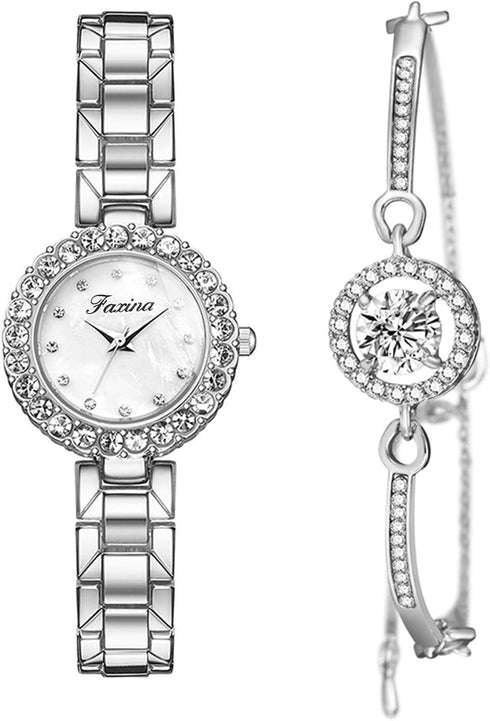 Clastyle Elegant Watch and Bracelet Set for Women Rose Gold Rhinestone Wrist Watch with Bangles Mother of Pearl Ladies Bracelet Watches...
