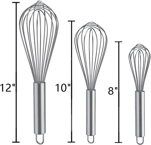 Whisks for Cooking, 3 Pack Stainless Steel Whisk for Blending, Whisking, Beating and Stirring, Enhanced Version Balloon Wire Whisk Set, 8"+10"+12"...