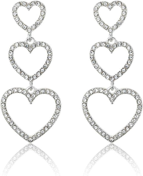 RareLove Bling CZ Crystal Interlocking Three Heart Hollow Dangle Stud Piercing Earrings For Women Silver Plated Alloy Valentines Gift For Her...