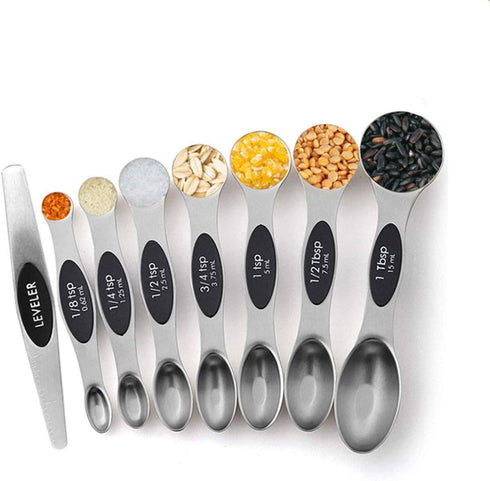 Stainless Steel Baking Tools, Magnetic Double-Headed Measuring Spoons, Seasoning Measuring Spoons With Scraper (8 PCS,Black?...