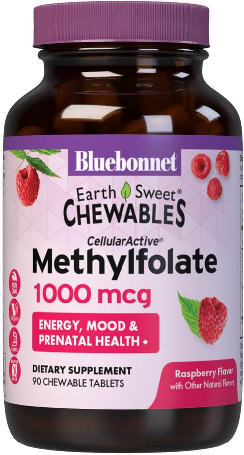 Bluebonnet EarthSweet Methylfolate 1000 mcg Cellular Active Coenzyme 5-MTHF L Methyl Folate Supplement - Prenatal & Energy Support - Non-GMO, Vega...