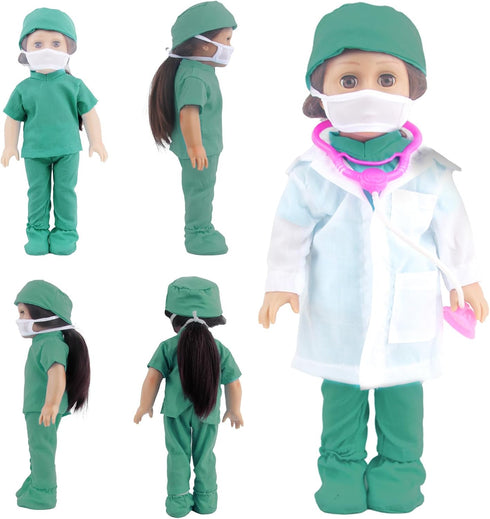 Doll Doctor Outfits and Medical Kit Accessories for 18 Inch Fashion Dolls, includes White Coat, Green Scrubs, Doctor Surgical Gown and Tools Plays...