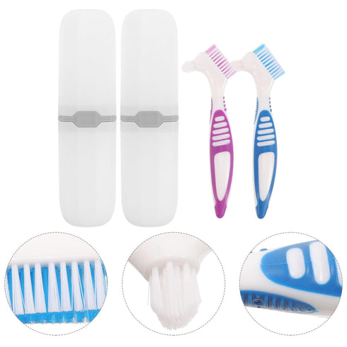 Healeved 2 Sets Denture with Toothbrush Cases, Denture Cleaning Personal Denture Toothbrush Small Double-Side Assorted Color...