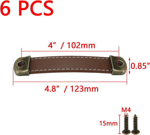 6 Pack Box Leather Handles PU Suitcase Luggage Pulls Leather Handles Antique Furniture Handles for Cabinet,Drawer,Cupboard,Door, 4 Inch Hole Cente...